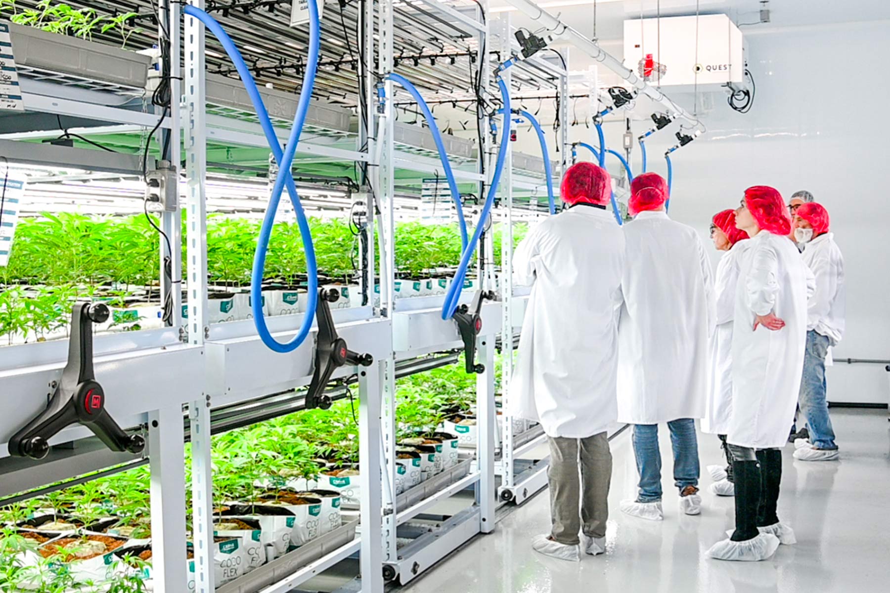 Technician inspecting a ventilation system in a vertical farm for plant cultivation.