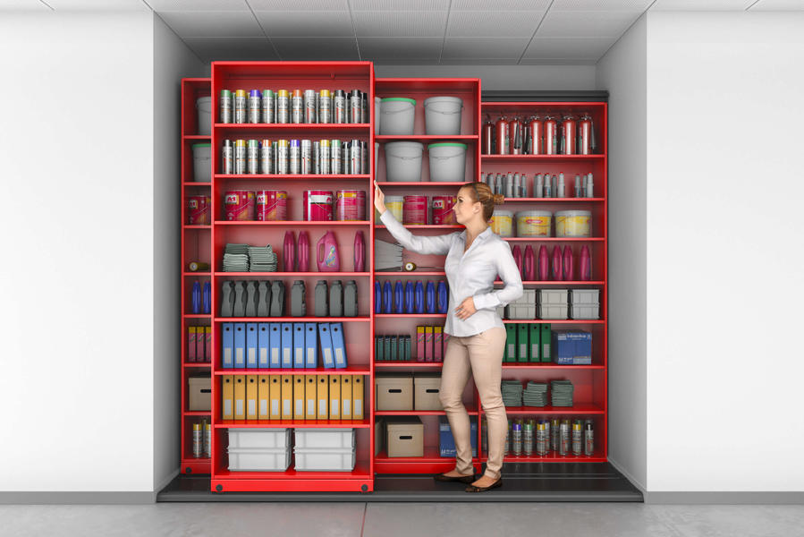 Red storage optimized for supplies and files.