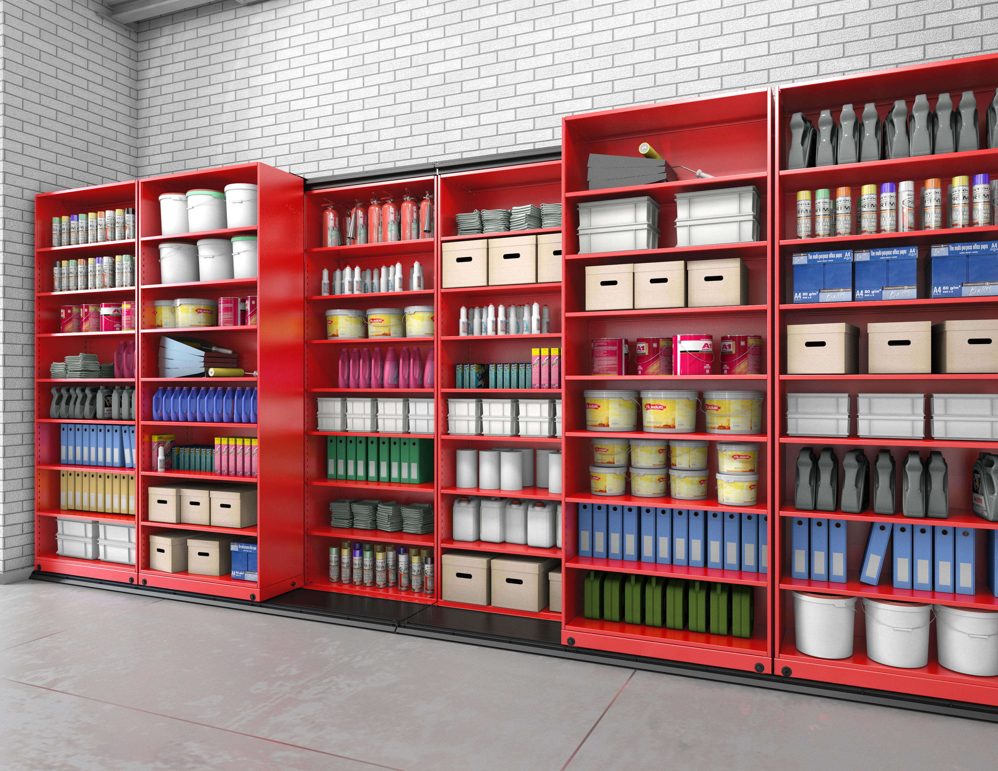 Red Montel mobile shelving system with shelves filled with archive boxes and binders.