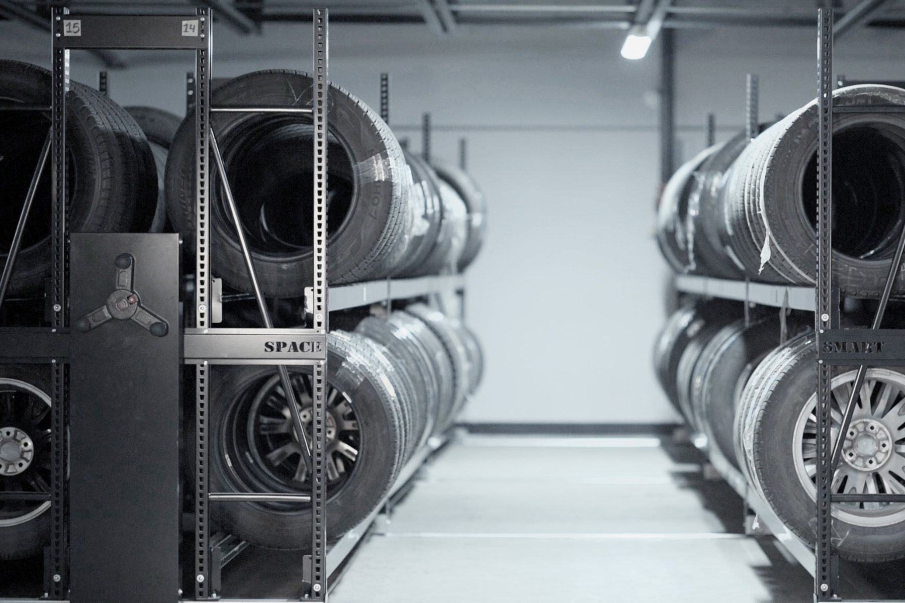 Tire storage for the Acura car dealership.