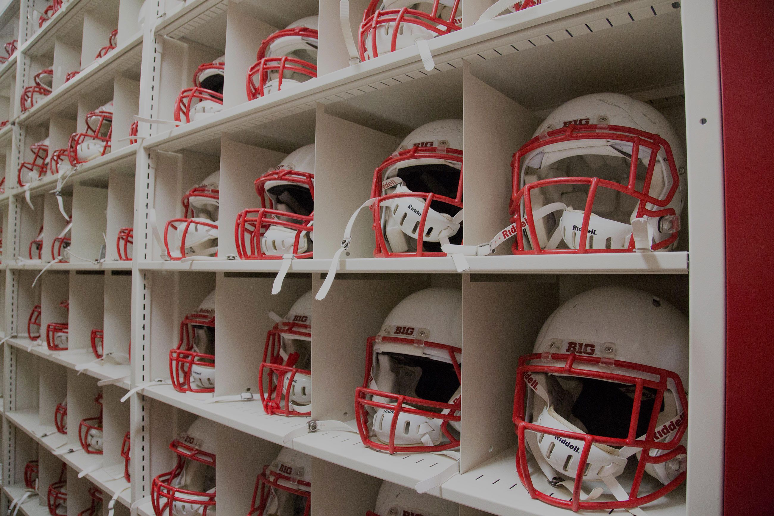 Helmet storage for the University of Wisconsin Badgers.