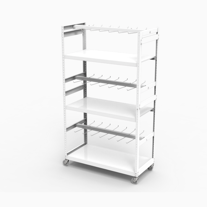Estanter&#237;a m&#243;vil de varios niveles con ruedas y ganchos met&#225;licos para almacenamiento flexible y modular.