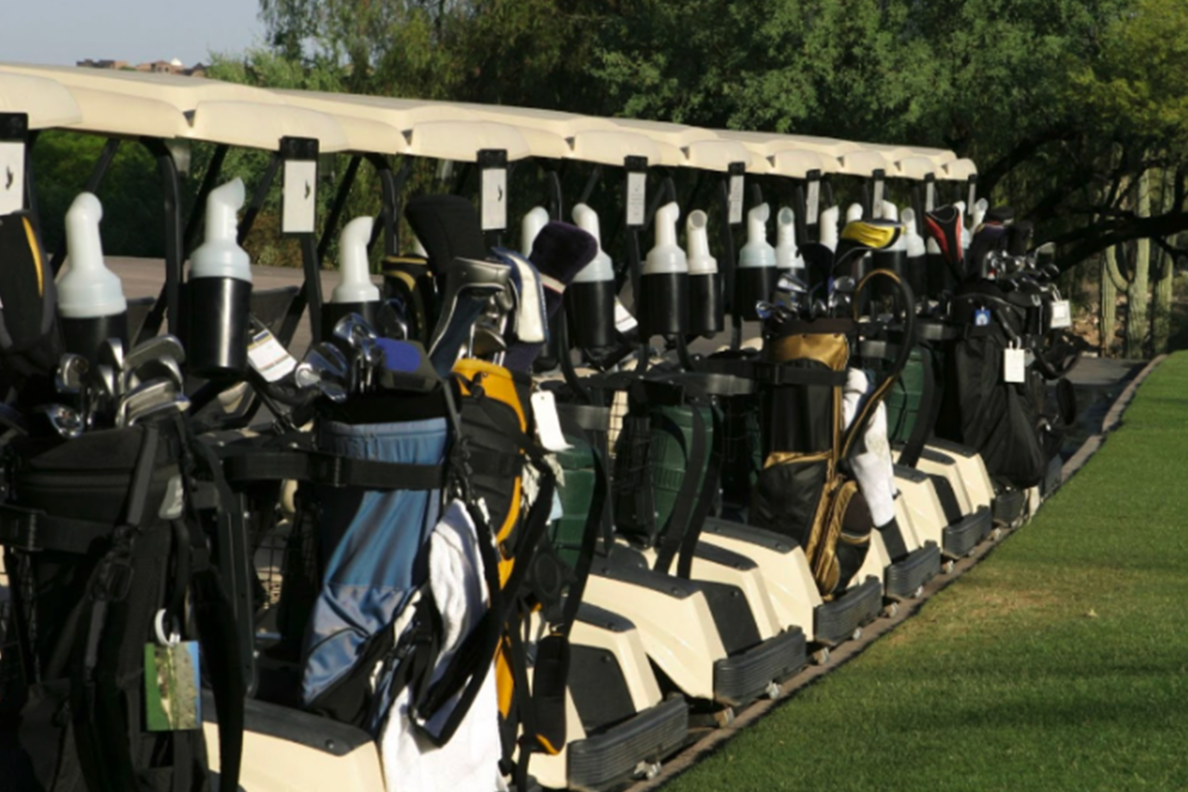 Fila de carritos de golf con bolsas de golf almacenadas en la parte trasera.