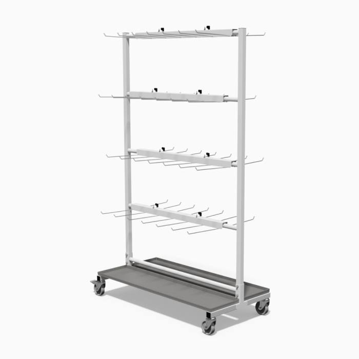 Estanter&#237;a m&#243;vil de cuatro niveles con ganchos para almacenamiento modular.