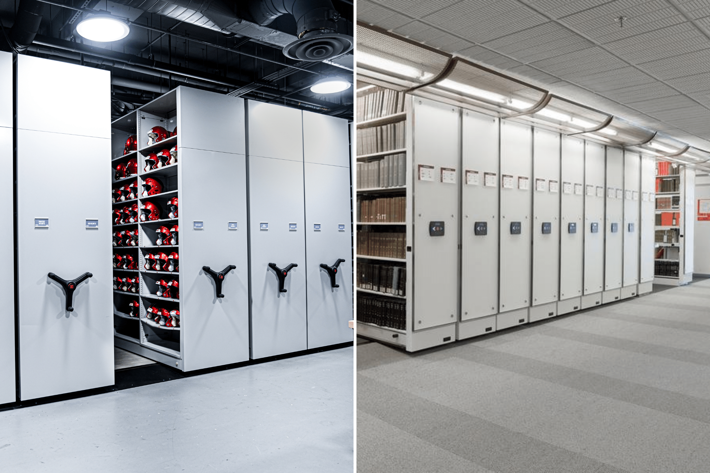 Comparison of two mobile shelving systems: on the left, manual shelving with sports equipment, and on the right, motorized shelving for archives and documents.