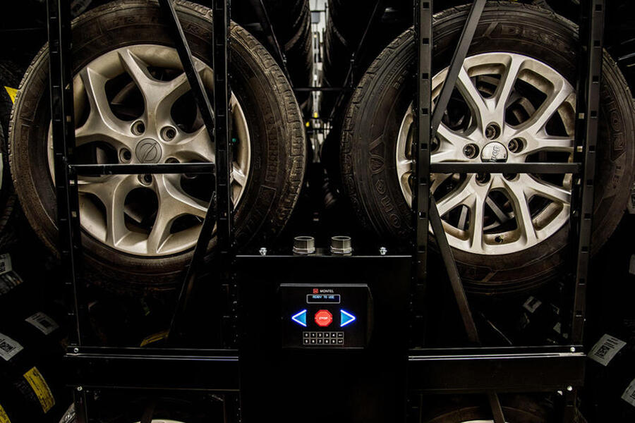 High-density tire storage system with electronic control.