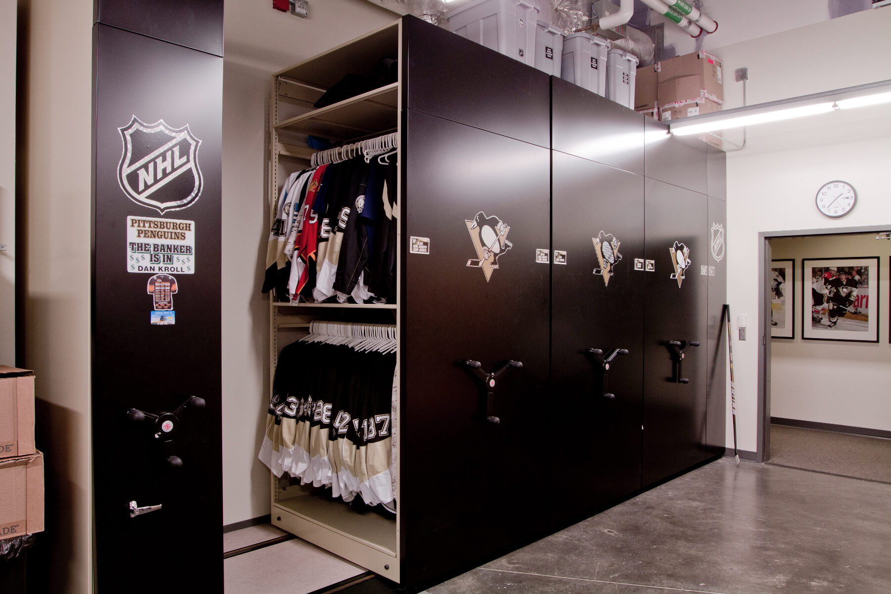Hockey equipment storage for the Pittsburgh Penguins.