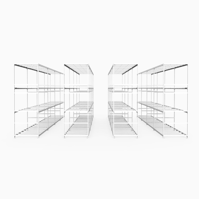 Perspectiva de un &#225;rea de almacenamiento con estanter&#237;as blancas alineadas, destacando la simplicidad del dise&#241;o.