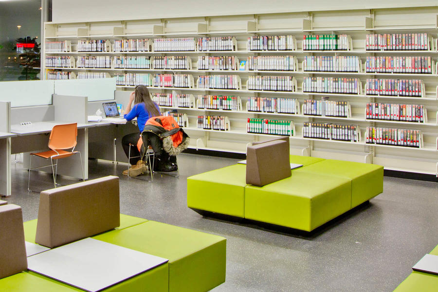 Secci&#243;n de documentales en una biblioteca con estantes blancos llenos de libros.