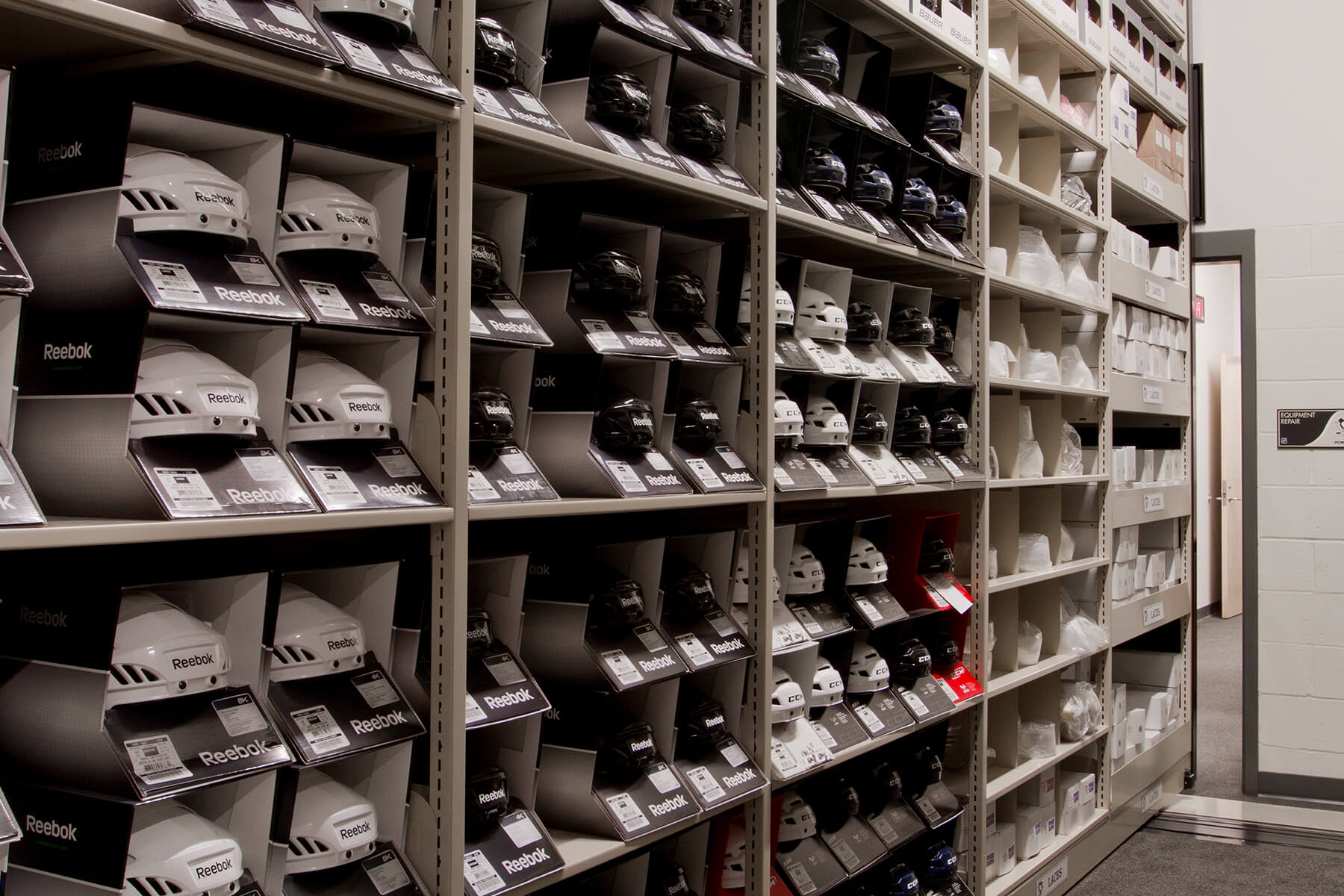 Hockey equipment storage for the Pittsburgh Penguins.