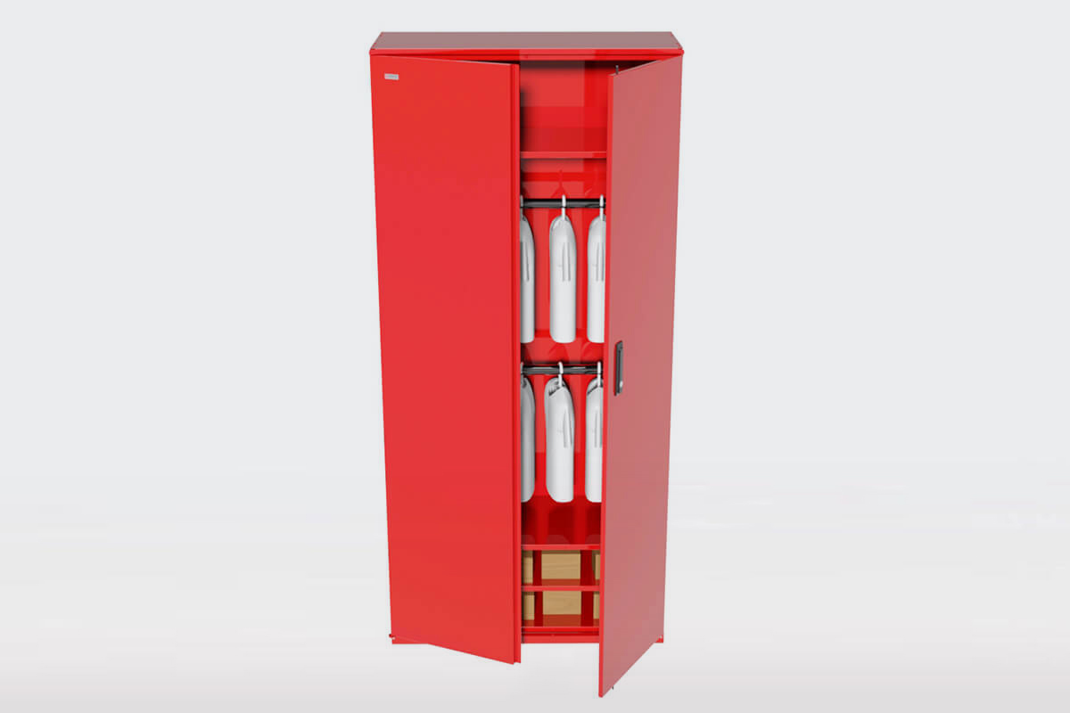 Armoire rouge ouverte montrant des &#233;tag&#232;res internes, id&#233;ale pour un rangement organis&#233;.