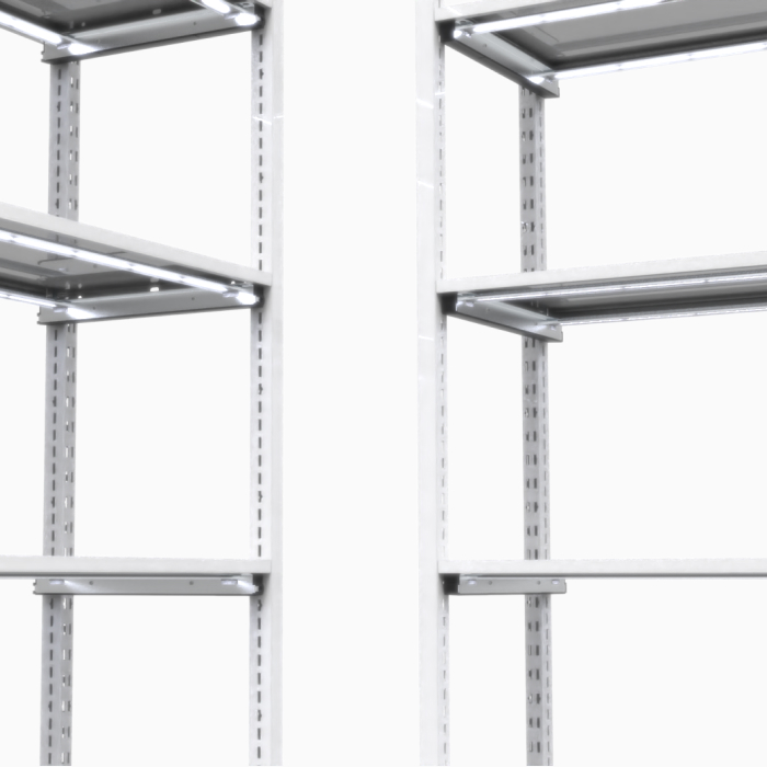 Close-up of empty metal shelving for storage.