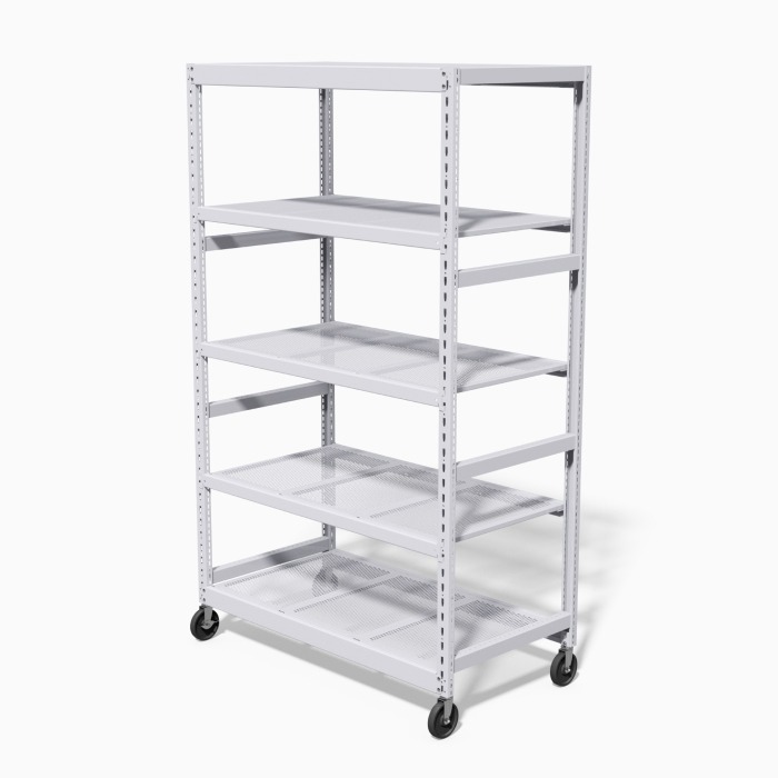 &#201;tag&#232;re mobile &#224; cinq niveaux avec roulettes pour faciliter le d&#233;placement et le stockage modulaire.
