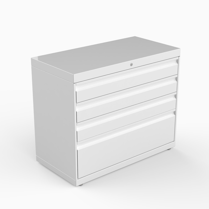 Armoire de rangement m&#233;tallique &#224; tiroirs verrouillables, con&#231;ue pour organiser des documents ou des outils.