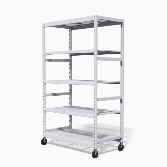 &#201;tag&#232;re mobile &#224; cinq niveaux avec roulettes pour faciliter le d&#233;placement et le stockage modulaire.