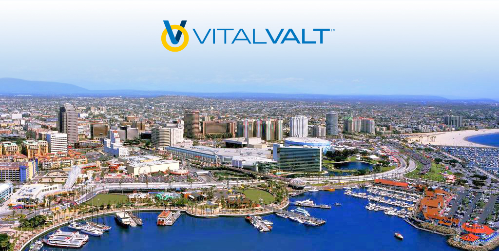 Aerial view of Long Beach with Vital Valt logo.