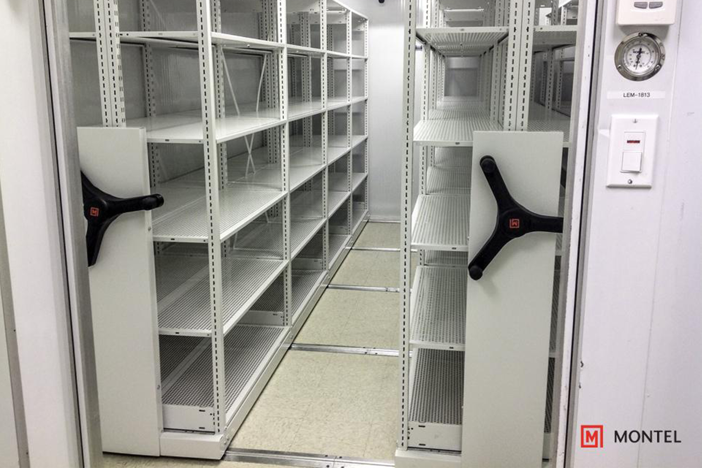 Mobile shelving for storage in a controlled environment.