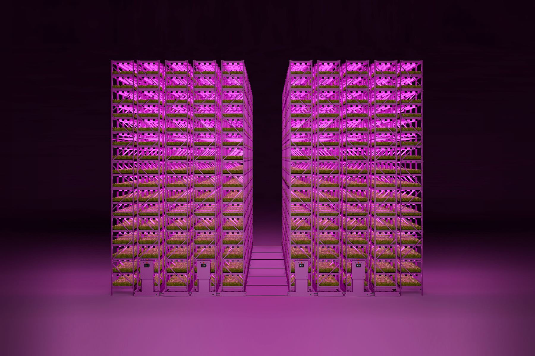 Purple Montel mobile shelving system with LED lighting for futuristic warehouse storage.